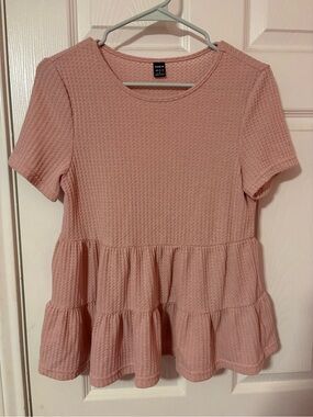 SHEIN Blush Pink Textured Short Sleeve Tiered Peplum Top